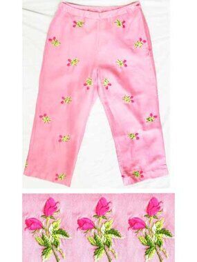 Vision Apparel Womens Silk Pink Capri Pants  Embroidered Roses Floral 50s Style